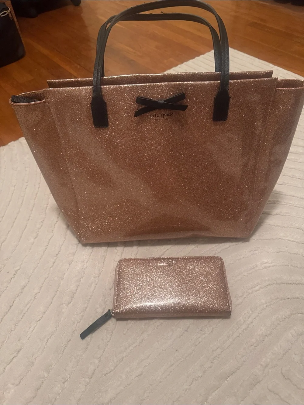 kate spade Rose Gold Glitter Tote Bag with Matching Zip Wallet